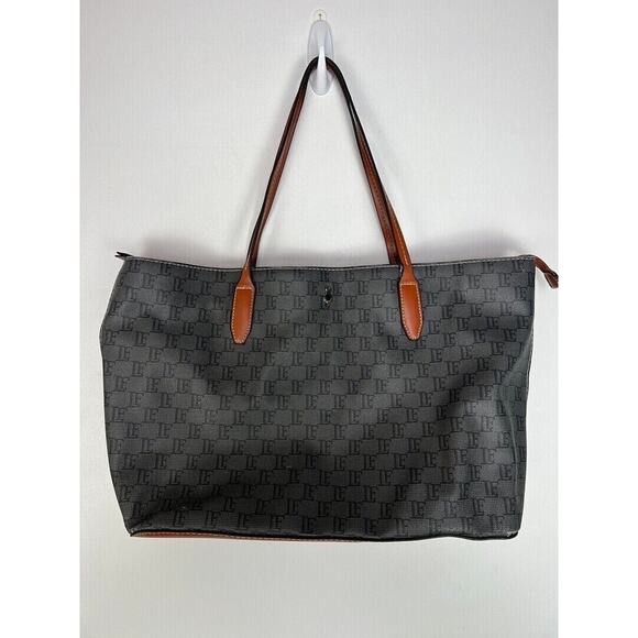 London Fog Large Gray & Brown Monogram Tote Bag With Leather Handles - Picture 1 of 6